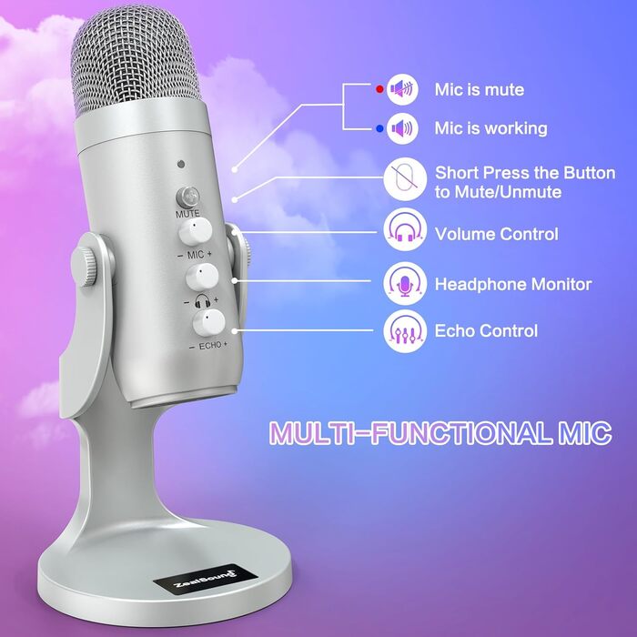 Zealsound USB мікрофон K66 сріблястий для подкастів, ПК, смартфонів, PS4/5, з шумозаглушенням, кнопками вимкнення/ехо/гучності, для ігор, запису, стрімінгу, YouTube, сумісний з Mac, Windows, Android