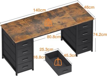 Письмовий стіл Coleshome з 8 тканинними шухлядами, 140x48 см, коричневий - комп'ютерний стіл для офісу, дому, робочого кабінету