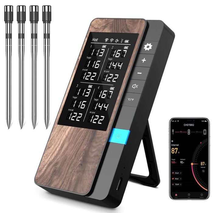 Бездротовий набір термометрів для м'яса (4 шт.) з Bluetooth, водонепроникні (IP67), для приготування на грилі, в духовці, мангалі, ротатерії, фритюрниці