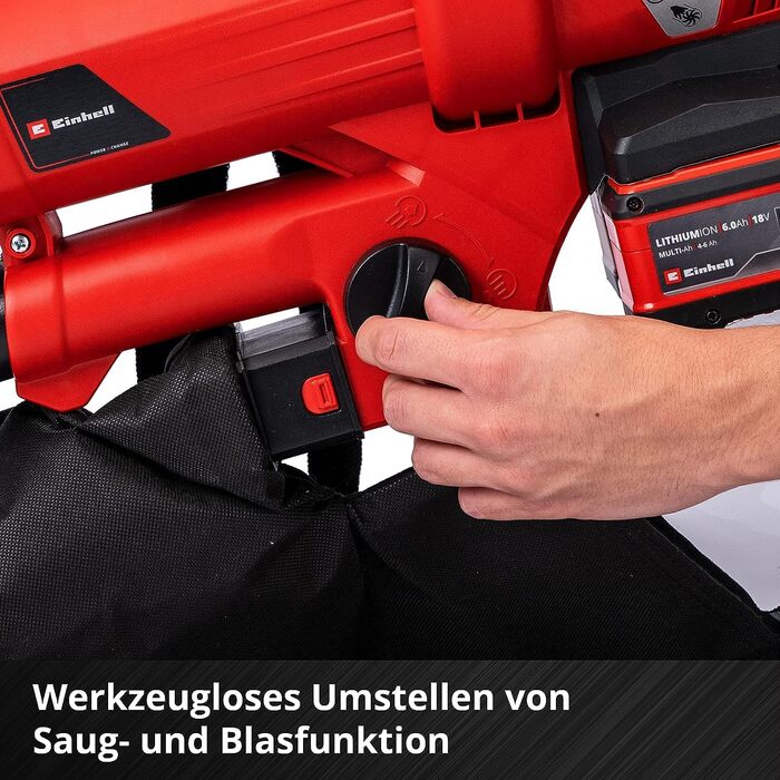 Einhell GE-CL 36 Li E-Solo Акумуляторний пилосос-повітродувка Power X-Change (2x18V, 210 км/год, безщітковий мотор, 45л мішок, ремінь, без акумулятора та зарядного пристрою)