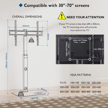 Підлогова стійка для телевізора BONTEC 30-70'' (до 40 кг), поворотна і регульована по висоті, для пласких і вигнутих екранів, VESA 600x400 мм