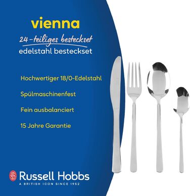 Набір столових приборів Russell Hobbs Vienna 24 предмети з нержавіючої сталі для 6 осіб: ножі, вилки, чайні та столові ложки, дзеркальне полірування, можна мити в посудомийній машині
