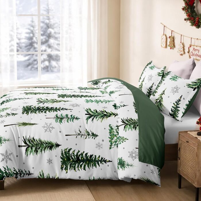 Комплект зимової постільної білизни WONGS BEDDING з новорічним принтом (Санта-Клаус), м'яка мікрофібра, 200x200 см, зелений з ялинкою (підковдра та наволочка 80x80 см)