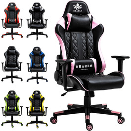 KRAKEN Gaming крісло для геймерів, ергономічне комп'ютерне крісло з 3D підлокітниками, регульоване, з підголівником і поперековою подушкою, штучна шкіра, чорне-рожеве