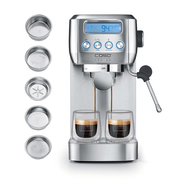 Кавомашина еспресо CASO EspressoGourmet Crema: професійна кавоварка з піною для молока, нержавіюча сталь, 20 бар, ULKA-помпа, для кави в зернах та ESE-падів