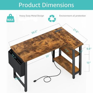 Кутовий L-подібний письмовий стіл Lufeiya з розетками та полицями, 101.6 см, комп'ютерний стіл для дому та офісу, рустикальний коричневий