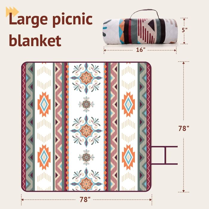 Пляжний килимок для пікніка LARUTAN Boho, водонепроникна та піскостійка підстилка 200x200 см, портативна ковдра для кемпінгу, BBQ та подорожей, зелена