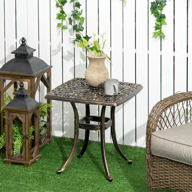 Outsunny Side Table Патіо Стіл з отвором для парасольки 54x54x52.5 см Алюмінієва рама в бронзі, ідеально підходить для саду та балкона