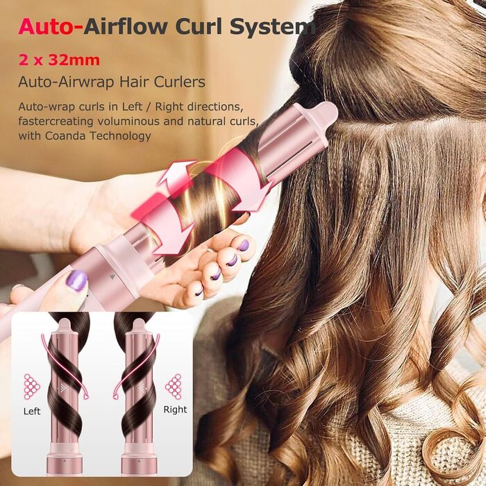 MESCOMB 5-в-1 Airstyler та Hairstyler: Фен-щітка з іонізацією, автоматичний завивач та щітка для об'єму - Швидке сушіння, укладка для локонів, об'єму та вирівнювання без пошкоджень. Легкий, рожевий.