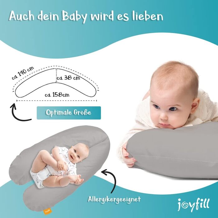 Подушка для годування Joyfill® Premium з мікроперлин - для сну та годування, м'яка та тиха, для сну на боці, 100% Made in Germany, сірий колір