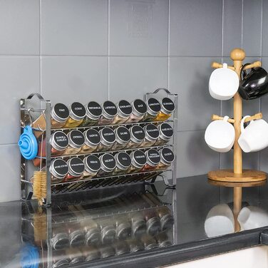 Металевий органайзер для спецій Deco haus, 3-рівнева полиця з 24 скляними баночками, етикетками, пензликом і лійкою, для кухні, настільний і настінний, хром