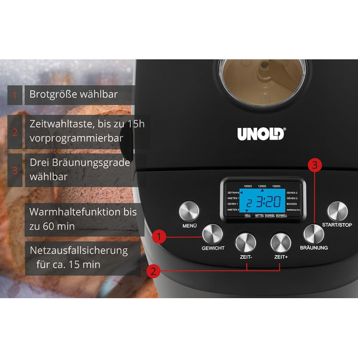 Хлібопічка Unold 68525 BACKMEISTER Big Black, чорна, до 1.5 кг, 15 програм, для безглютенового хліба, таймер, підтримка тепла, LCD дисплей
