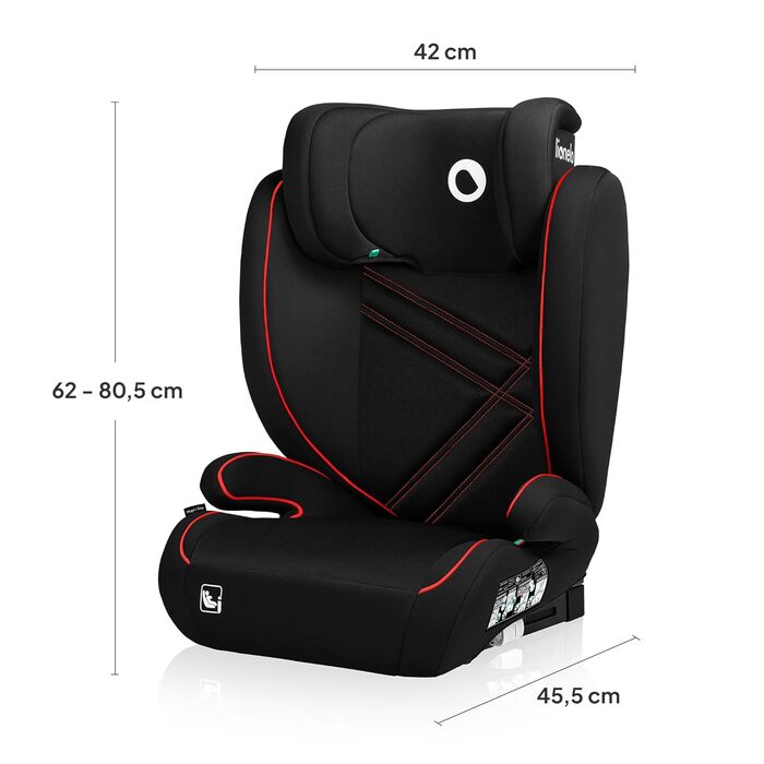 Автокрісло Lionelo Hugo R129 (100–150 см) – ISOFIX, 8 положень підголівника, Memory Foam, бічний захист, комфортні підлокітники (Чорно-червоний, I-SIZE)