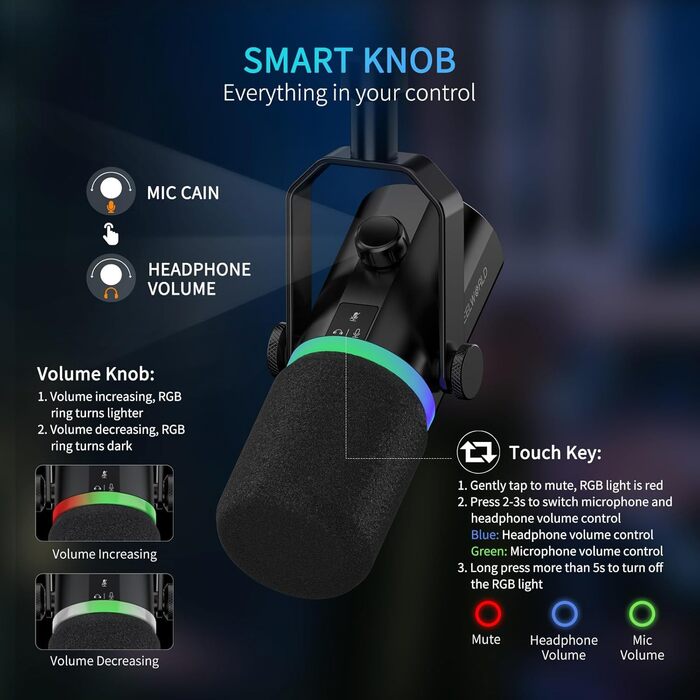 FEELWORLD PM1 Динамічний мікрофон XLR/USB з RGB-підсвічуванням для подкастів, геймінгу та YouTube. Комплект з підставкою та кабелем