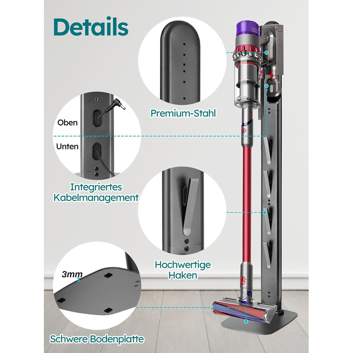 Металевий стійка-тримач для пилососа JUPELI, сумісний з Dyson V16, Gen5, V15, V12, V11, V10, V8, V7, V6, підставка для пилососа та аксесуарів, без свердління, темно-сірий