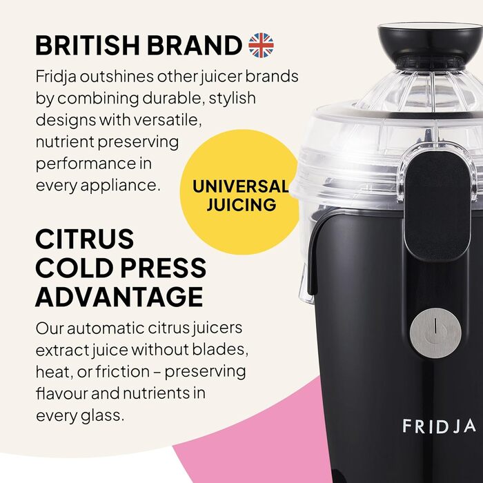 Citrus-прес електричний Fridja F800 Premium для апельсинів та лимонів, нержавіюча сталь, 400 мл, 50 Вт, чорний