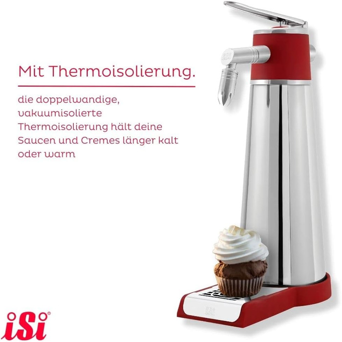 iSi Thermo XPress Whip PLUS 1 л — професійний сифоновий збивач вершків із термоізоляцією для гарячих і холодних соусів та вершків, нержавіюча сталь, підходить для посудомийної машини, сріблястий/червоний, з щіточкою для чистки