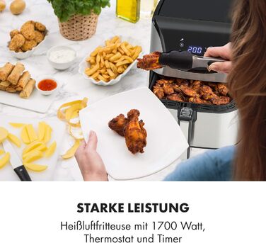 Аерофритюрниця Klarstein Aero Vital Deluxe, 1700 Вт, 5,4 л, з LCD-дисплеєм, 8 програм, з термостатом і таймером, нержавіюча сталь, срібляста, економна