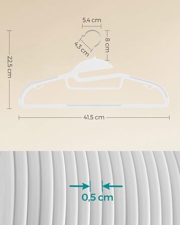 Пластикові вішалки SONGMICS, 20 шт, з U-подібним вирізом, обертовий гачок 360°, товщина 0,5 см, ширина 41,5 см, білі, для одягу
