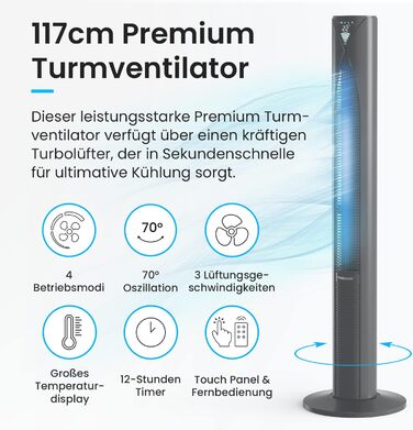 Вентилятор підлоговий Pro Breeze з пультом, 117 см, 3 режими, таймер 14 год, 45 Вт, чорний