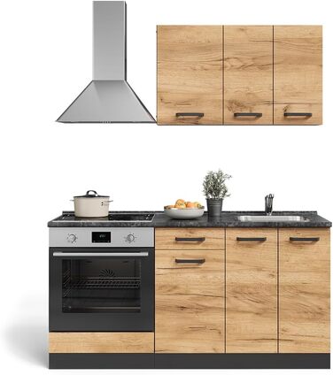 Кухонний модуль Vicco R-Line, дуб Goldkraft/антрацит, 160 см, з шафою під плиту, під вбудовану техніку та мийку (без стільниці та мийки)