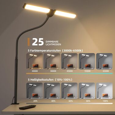 LED настільна лампа з регулюванням яскравості, кріпленням, пультом ДУ, 5 кольорів, 5 рівнів яскравості, пам'ять, чорний колір