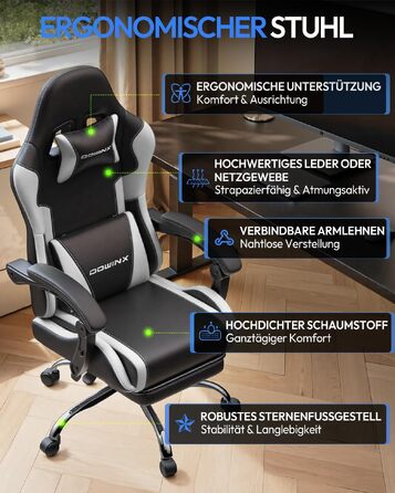 Ігрове крісло Dowinx Ergonomic Gaming Chair з підставкою для ніг, біле, витримує до 150 кг, з регульованими підлокітниками для ПК та офісу