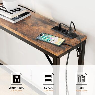 HAUSPROFI Консольний стіл з розеткою і USB, 100x23x80 см, вузький приставний стіл у вінтажному стилі для передпокою, вітальні, коридору
