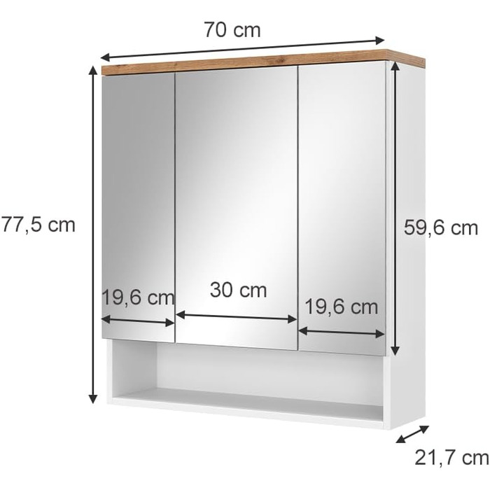 Дзеркальна шафа для ванної Vicco Eden, білий глянець/дуб Артизан, 70x77,5 см, 3 двері