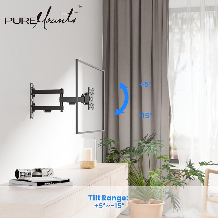 Настінний кронштейн для ТБ та монітора PureMounts, поворотний та нахильний, VESA 100x100 мм, для екранів 13-32 дюйми, до 20 кг, чорний