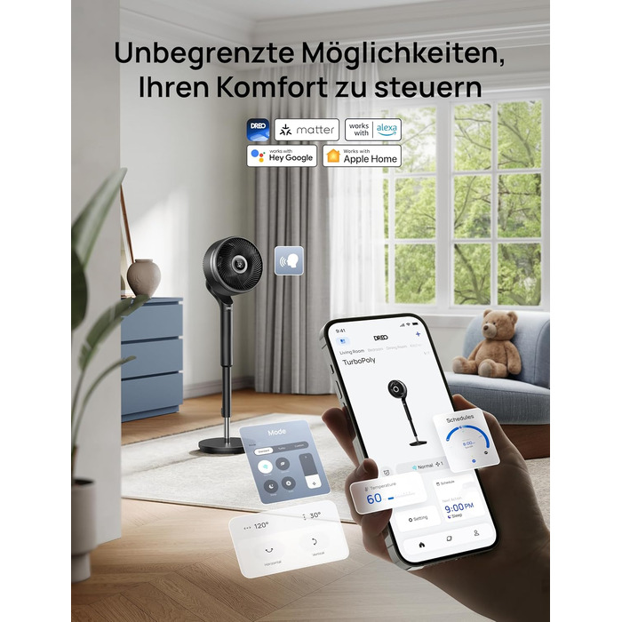 Вентилятор кімнатний DREO Smart-Ventilator: Охолодження, 150° осциляція, DC мотор, 12 режимів, пульт, таймер 12 год