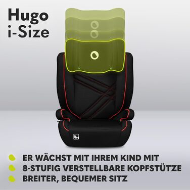 Автокрісло Lionelo Hugo R129 (100–150 см) – ISOFIX, 8 положень підголівника, Memory Foam, бічний захист, комфортні підлокітники (Чорно-червоний, I-SIZE)