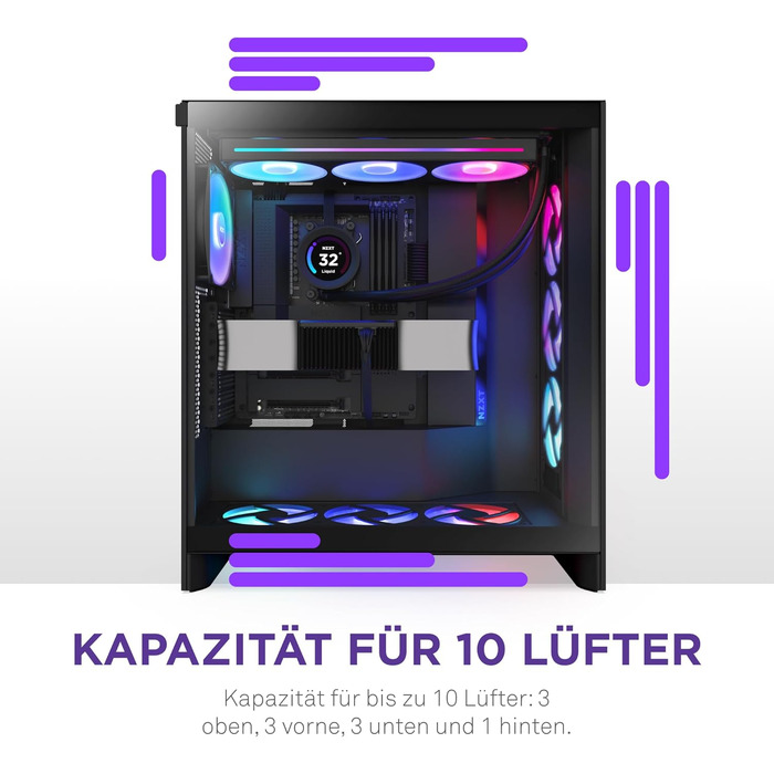 Корпус NZXT H7 Flow RGB для ПК, Mid-Tower ATX, з RGB-вентиляторами, підтримкою підлогових вентиляторів для прямого охолодження відеокарти, 360 мм, чорний