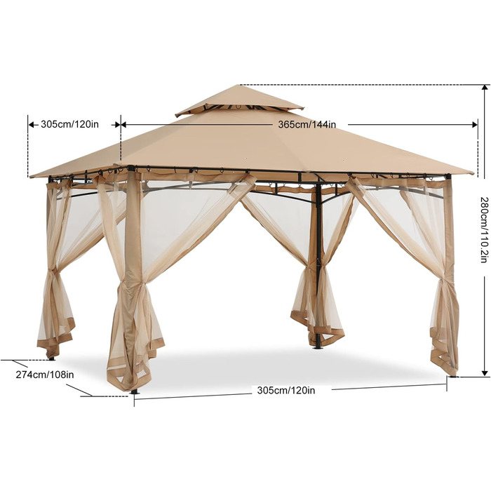 ABCCANOPY Павільйон садовий 2.4x2.4 м з двосхилим м'яким дахом для тераси, саду, двору. Захист від сонця та дощу (з сіткою, бежевий)