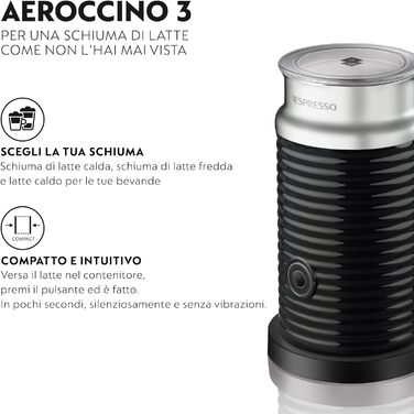 NESPRESSO Aeroccino 3 електричний спінювач молока, 120 мл кремової піни, 240 мл гарячого молока, чорний