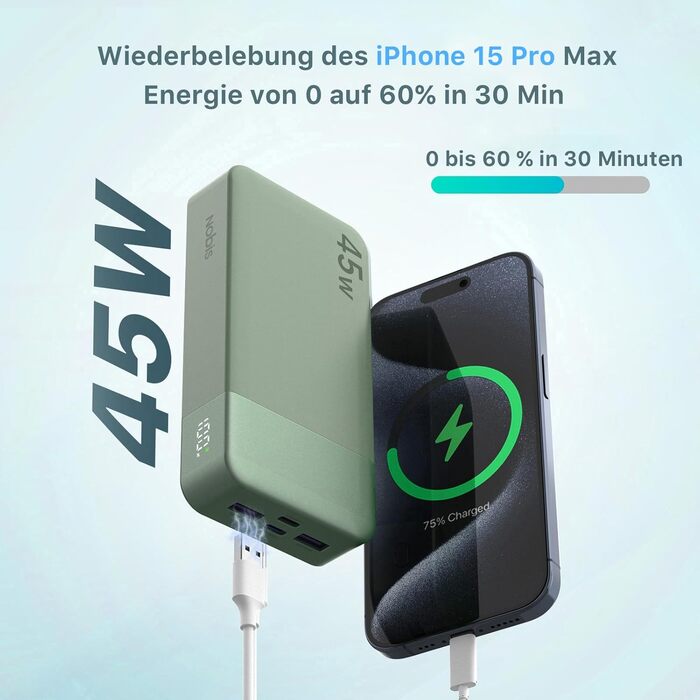 Power Bank NOBIS 20000mAh, 45W з USB-C кабелем, Digital Display, Зелений