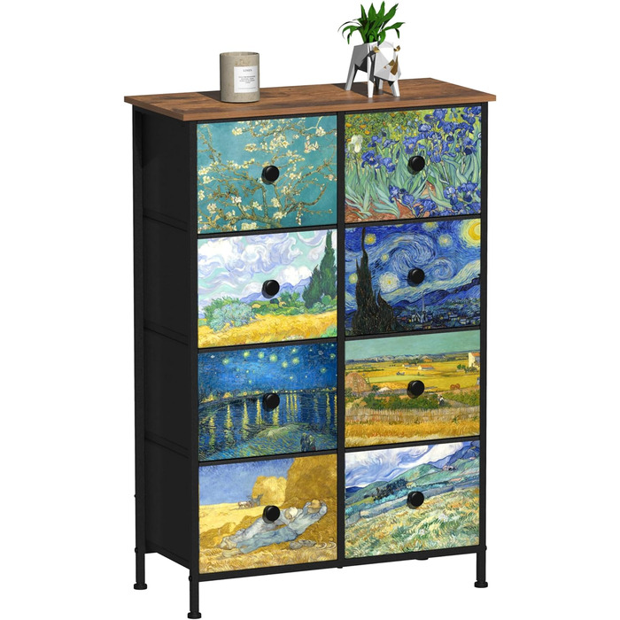 Вузька комод VEDECASA з 8 шухлядами Van Gogh для спальні, дитячої, вітальні, коридору, офісу, металевий каркас, дерев'яна стільниця, тканинні шухляди, 30×67×100 см
