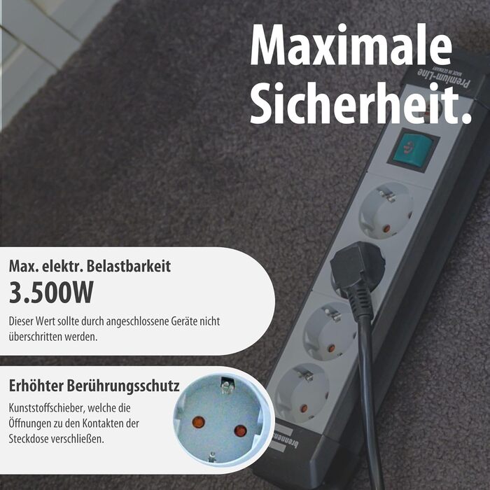 Мережевий фільтр Brennenstuhl Premium-Line на 4 розетки, 5м, з вимикачем, настінний монтаж, Німеччина, чорний/сірий