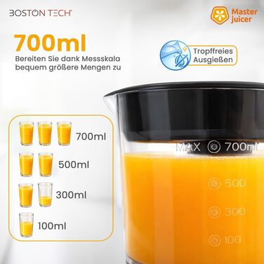 Електрична цитрусовижималка Boston Tech MasterJuicer 700 мл з нержавіючої сталі - 40W, подвійна конусна система, без BPA, висока продуктивність