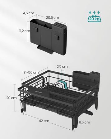 Розсувна сушарка для посуду SONGMICS з поворотним сливом 360°, сталева, чорна, (30.2-46.5) x 29.6 x 14 см, KCS556BH01