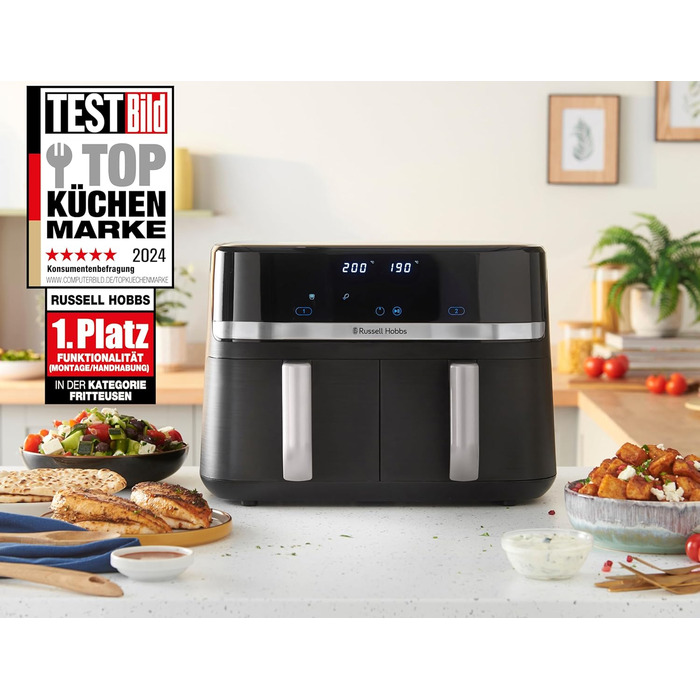 Аерофритюрниця Russell Hobbs SatisFry 9 л, 2 камери, 9 програм, тиха, без олії, посудомийна, до 200°C, функція підтримки тепла