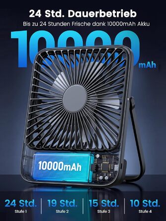 Вентилятор акумуляторний Warmco 10000mAh 21 см, до 24 год, чорний - для офісу, подорожей, спальні