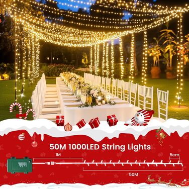 Світлодіодна гірлянда вулична LED (50 м, 1000 світлодіодів), теплий білий колір, 8 режимів роботи з функцією пам'яті
