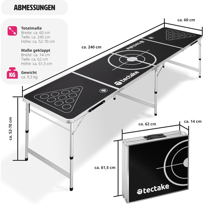 Стіл для Beer Pong tectake, складаний, висота регулюється, з ручками, набір 100 стаканів (50 червоних, 50 синіх) та 6 м'ячів, ігровий стіл для вечірок, пивний понг для дорослих
