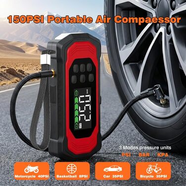 Пусковий пристрій (бустер) 9000A з компресором 150 PSI, 9-в-1 Powerbank для авто (бензин та дизель до 14л), 12V Jump Starter з електричним насосом та швидкою зарядкою 30W