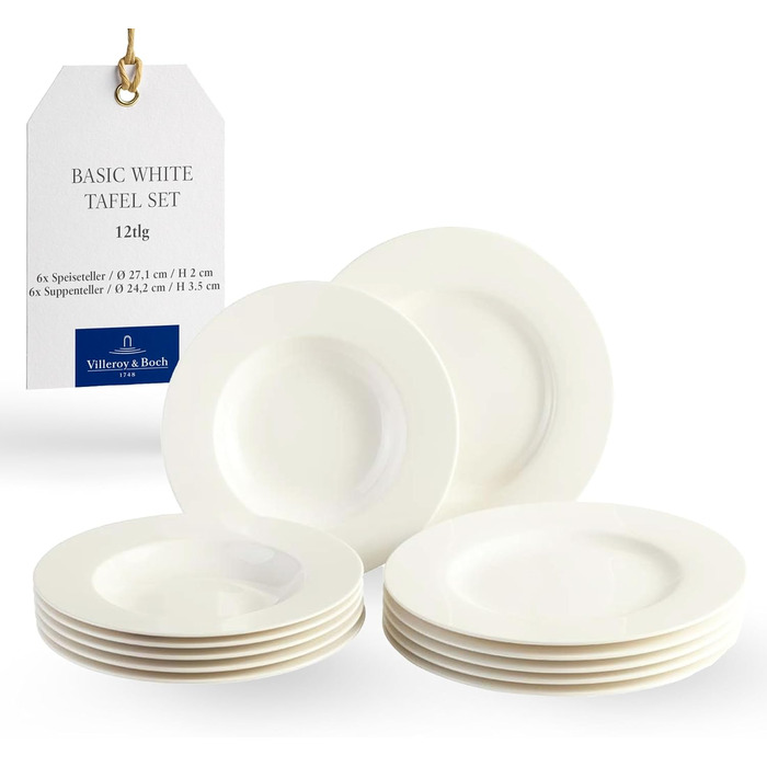 Набір столового посуду vivo by Villeroy & Boch Basic White, 12 предметів, білий, порцеляна, для 6 осіб, тарілки, супові та обідні, підходить для посудомийної машини, преміум-якість