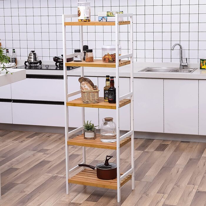 SONGMICS Regal Bambus - Поличкова стійка з бамбука, 5 ярусів, 31.5 x 45 x 142 см, для ванної, кухні, вітальні, спальні, балкону