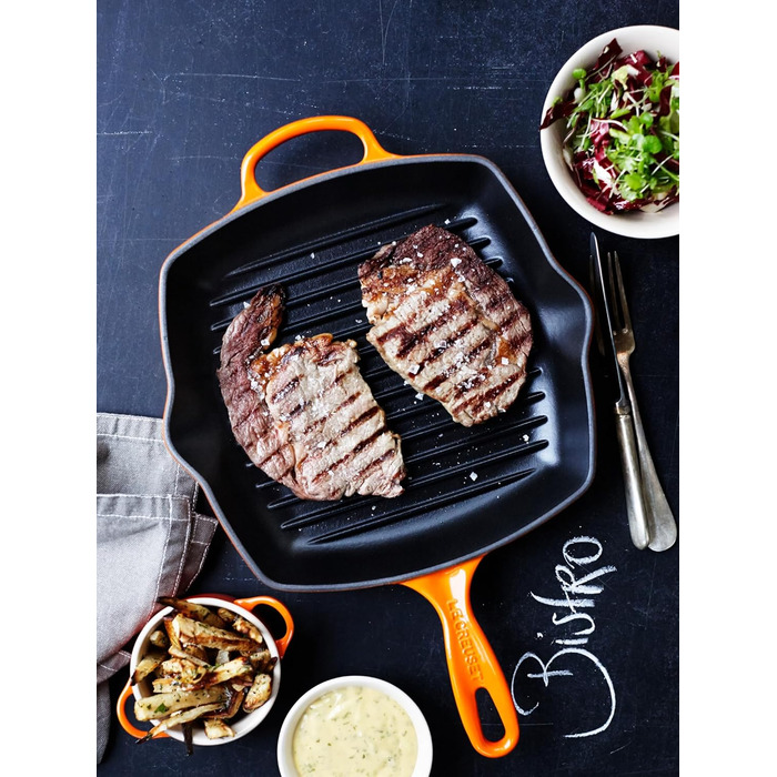Сковорода-гриль LE CREUSET Signature з чавуну, квадратна, 26 см, для всіх типів плит (включно з індукційними), 2,86 кг, колір: рудо-червоний (Flint)