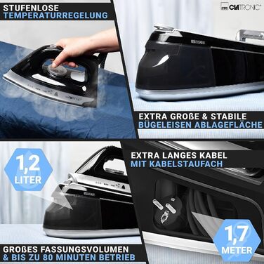Парова прасувальна станція Clatronic DBS 3749, 2400 Вт, 3,5 бар, Superglide, резервуар 1,2 л, чорна, антикрапельна система