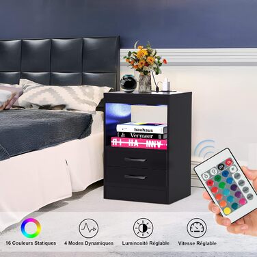 Прикроватна тумба Lvhecforhm з LED-підсвіткою, USB та розетками, чорна, з висувною шухлядою і відкритими полицями, 40x35x60 см